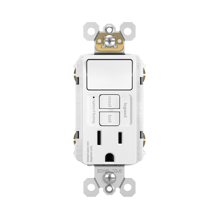 radiant® Combination Single Pole Switch and Tamper-Reistant 15A Duplex Self-Test GFCI Receptacles with SafeLock® Protection, White