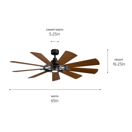Gentry LED 65" 9 Blade Fan in Anvil Iron