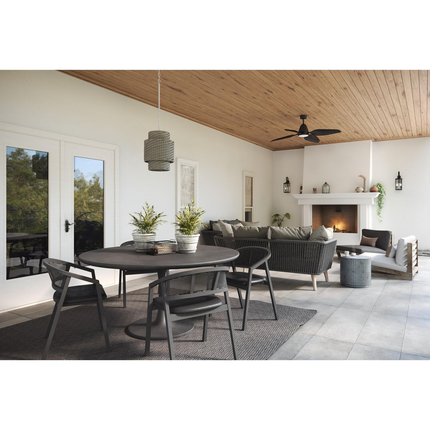Black-finished ceiling fan with white opal shade.