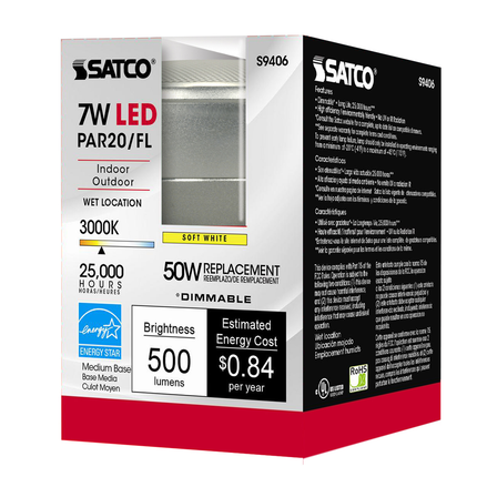 7 Watt PAR20 LED; 3000K; 40 deg. Beam Angle; Medium base; 120 Volt