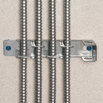 Steel cable hanger that holds and supports a wide range of cable sizes. Mounts to many different surfaces and supports up to 8 cables. Can be ganged for straight or perpendicular runs.