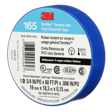 3M Temflex Vinyl Electrical Tape 165, Blue, 3/4 in x 60 ft (19 mm x 18 m), 6 mil, 100 Rolls/Case