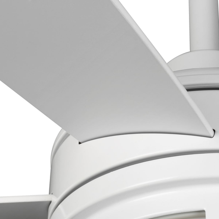 Satin white-finished ceiling fan with opal shade.