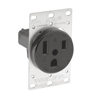 50 Amp, 125 Volt, NEMA 5-50R, 2P, 3W, Flush Mtg Receptacle, Straight Blade, Industrial Grade, Grounding, , Side Wired, Steel Strap, - Black
