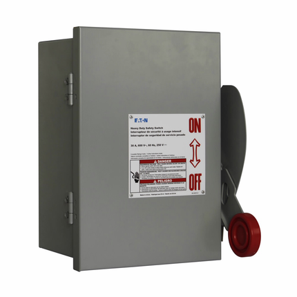 Eaton Heavy duty single-throw non-fused safety switch, Single-throw, 30A, NEMA 12, Painted galvanized steel, , Non-fusible, Two-pole, Two-wire, 3 at 240 Vac TD 1 Ph, 7.5 at 480 Vac TD 1 Ph, 10 at 600 Vac TD 1 Ph, 15 at 600 Vdc