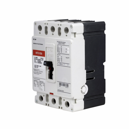 Eaton Series C complete molded case circuit breaker, F-frame, HFD, Complete breaker, Fixed thermal, fixed magnetic trip type, Three-pole, 70A, 600 Vac, 250 Vdc, 100 kAIC at 240 Vac, 65 kAIC at 480 Vac, Line and load, 50/60 Hz