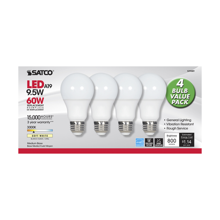 9.5 Watt; A19 LED; Frosted; 3000K; Medium base; 220 deg. Beam Angle; 120 Volt; Non-Dimmable; 4-Pack