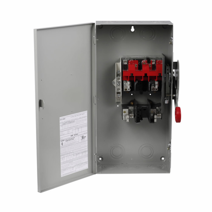 Eaton Custom single-throw fused safety switch, 100 A, NEMA 1, Painted steel, Class H, Fusible without neutral, Three-pole, Three-wire, 600 V, Max Hp: 30, 40/ 60, 75 hp (1/3PH @480, 600 V), #14-#1/0 Cu/Al