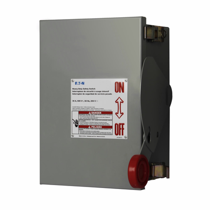 Eaton Heavy duty single-throw non-fused safety switch, Single-throw, 30A, NEMA 12, Painted galvanized steel, , Non-fusible, Two-pole, Two-wire, 3 at 240 Vac TD 1 Ph, 7.5 at 480 Vac TD 1 Ph, 10 at 600 Vac TD 1 Ph, 15 at 600 Vdc