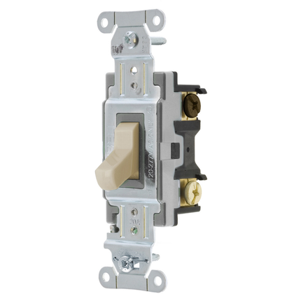 Switches and Lighting Controls, Toggle Switch, Commercial Grade, Three Way, 20A 120/277V AC, Back and Side Wired, Almond