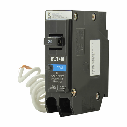 Eaton BR arc fault / ground fault circuit breaker, BR dual function AF/GF 1P 20A, Pigtail neutral