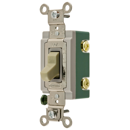 Switches and Lighting Controls, Extra Heavy Duty Industrial Grade, Toggle Switches, General Purpose AC, Single Pole, 30A 120/277V AC, Back and Side Wired, Ivory Toggle