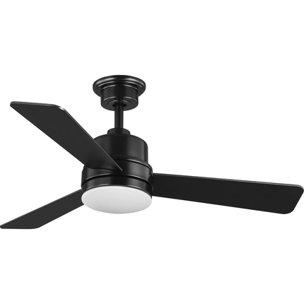 Black-finished ceiling fan with white opal shade.