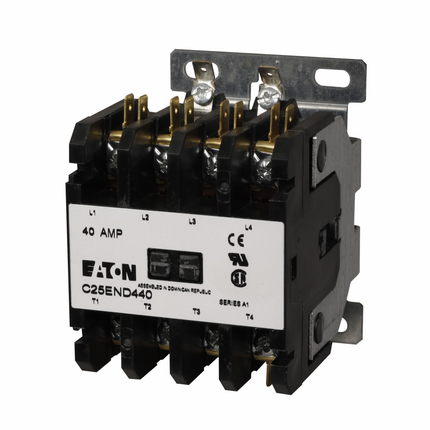 Eaton definite purpose contactor, Quick, 40A, 277 Vac, 60 Hz, Open with metal mounting plate, 15-50A, two- and three-pole, 40A, Contactor,Four-pole, 50A,Box lugs (posidrive setscrew) and quick connect terminals (side-by-side), Non-reversing