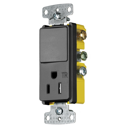 Switches and Lighting Controls, Combination Devices, Residential Grade, Decorator Series, 1) Single Pole Rocker, 1) Tamper Resistant Single Receptacle, 15A 120V AC, Side Wired