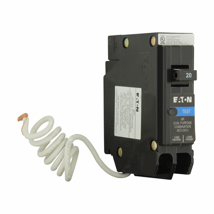 Eaton BR arc fault / ground fault circuit breaker, BR dual function AF/GF 1P 20A, Pigtail neutral