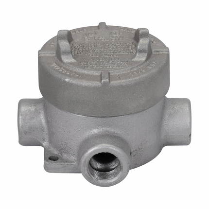 Eaton Crouse-Hinds series Condulet EAJ conduit outlet box with cover, 3-3/16" cover opening diameter, Feraloy iron alloy, T shape, 1"