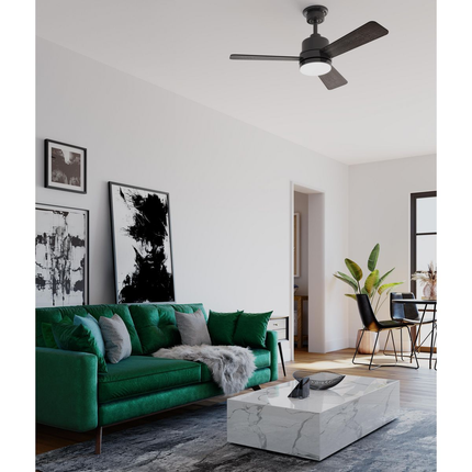 Black-finished ceiling fan with white opal shade.
