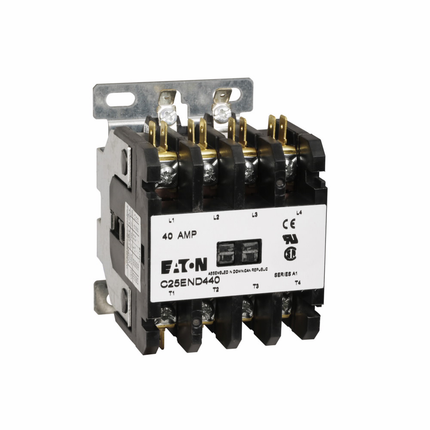 Eaton definite purpose contactor, Quick, 40A, 277 Vac, 60 Hz, Open with metal mounting plate, 15-50A, two- and three-pole, 40A, Contactor,Four-pole, 50A,Box lugs (posidrive setscrew) and quick connect terminals (side-by-side), Non-reversing