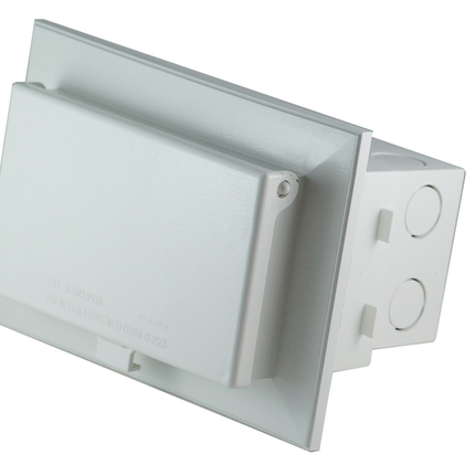Low profile inbox for new brick construction. Recessed electrical box with weather proof in use cover. Horizontal. White with white cover.