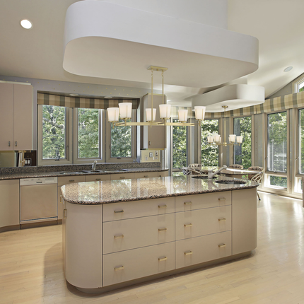 Serene; 6 Light; Island Pendant; Natural Brass Finish with Satin White Glass