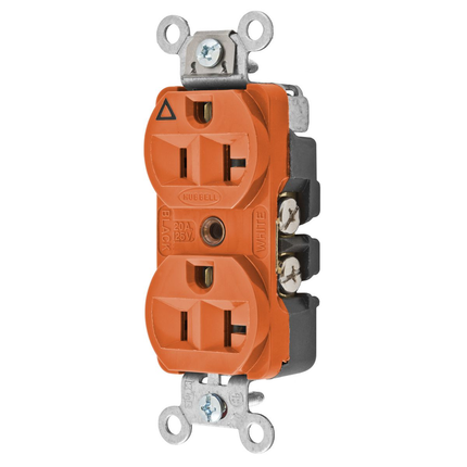 Straight Blade Devices, Receptacles, Duplex, Hubbell-Pro Heavy Duty, 2-Pole 3-Wire Grounding, 20A 125V, 5-20R, Orange, Single Pack, Isolated Ground.