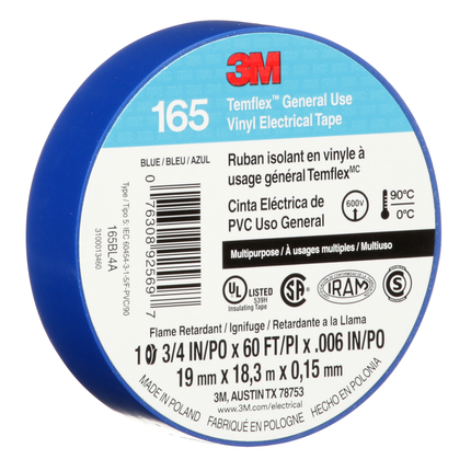 3M Temflex Vinyl Electrical Tape 165, Blue, 3/4 in x 60 ft (19 mm x 18 m), 6 mil, 100 Rolls/Case