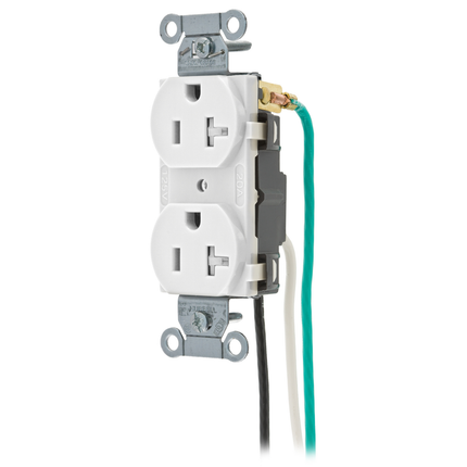 Straight Blade Devices, Receptacles, Tamper-Resistant Duplex, Commercial Grade, 2-Pole 3-Wire Grounding, 20A 125V, 5-20R, White, Single Pack, 8" Pre-Wired Stranded Leads