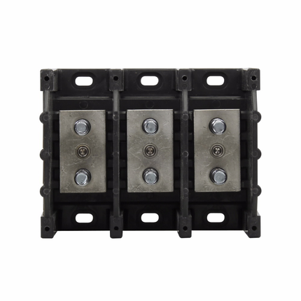 Eaton Bussmann series power terminal block, 600 Vac, 600 Vdc, 250A, Power terminal block, Three-pole, 3/8 In-16 TPI X 1-1/8 In Stud (Line/Load), SCCR: 10 kA, Black, Molded Thermoplastic Base, Tin-plated aluminum connector