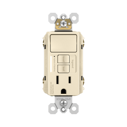 radiant® Combination Single Pole Switch and Tamper-Reistant 15A Duplex Self-Test GFCI Receptacles with SafeLock® Protection, Light Almond