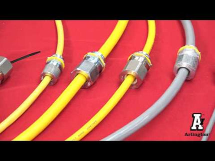 Low-profile stainless steel, liquid-tight, oil-tight, and gray strain relief cord connector furnished with a sealing ring and locknut. Supports 0.100" to 0.360" cord range with a 3/4" trade size.